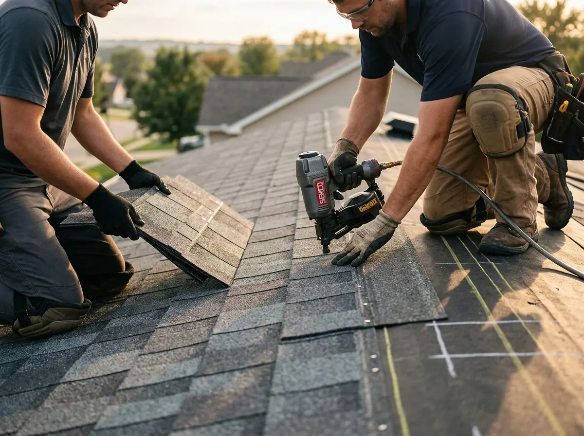 Professional roofer working on a residential roof in Liberty Lake
